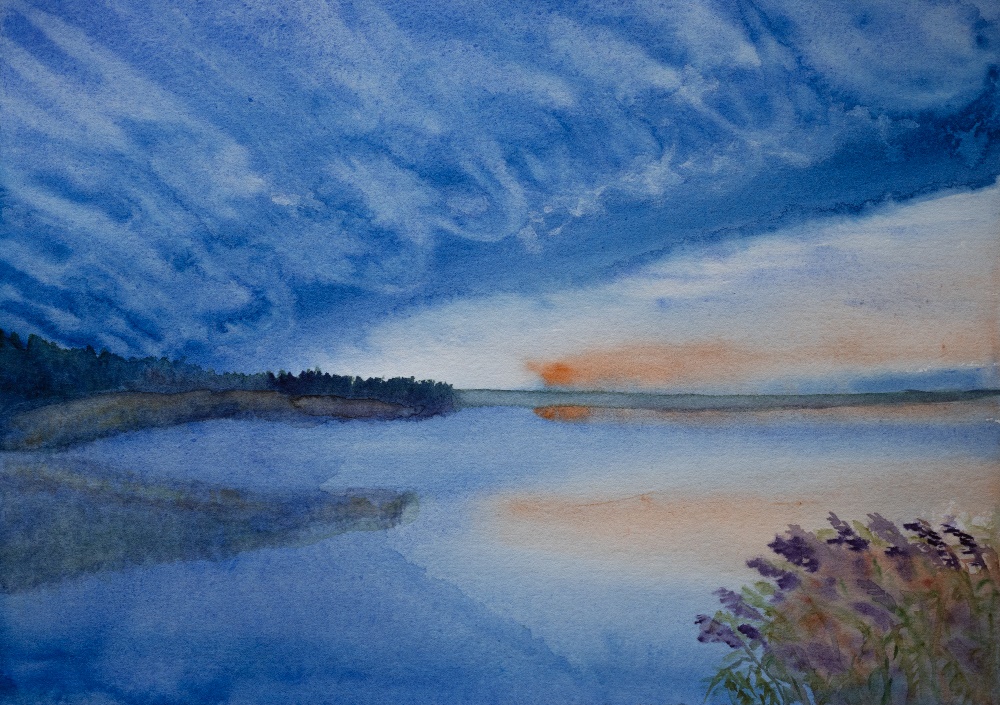 maalaus, maisema, järvi pilvi